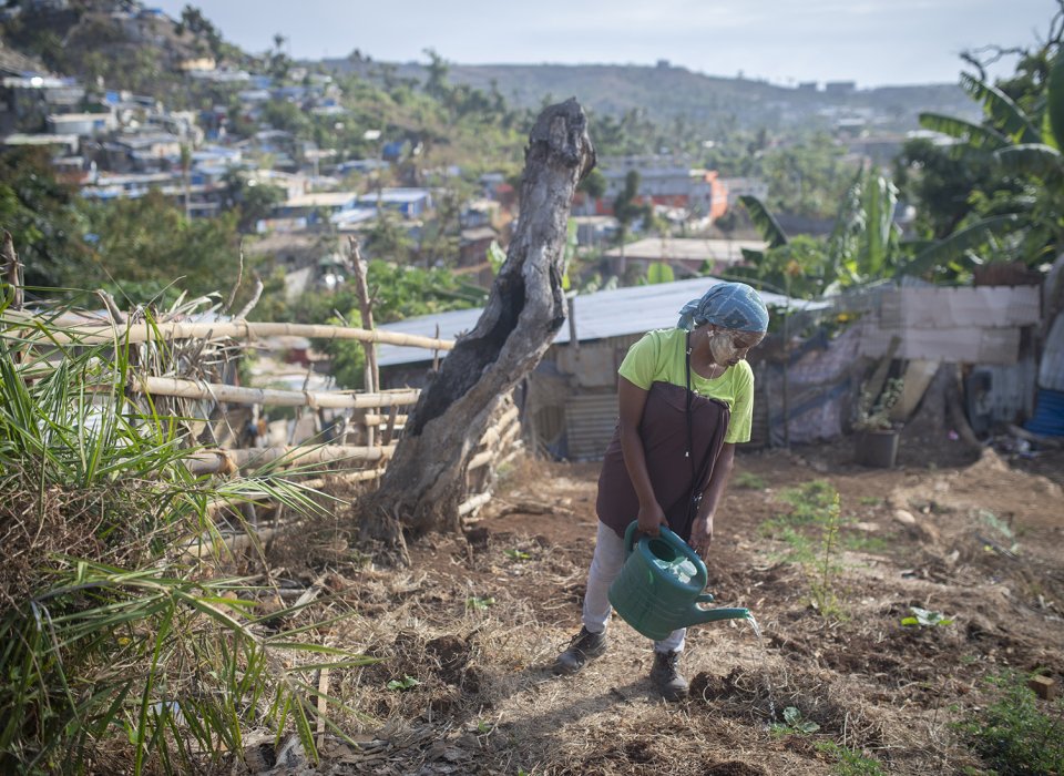 une jeune femme arrosant une culture